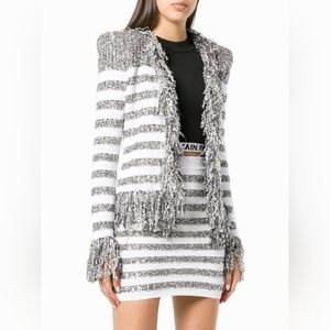 Balmain Striped fringe silver cardigan jacket fr36